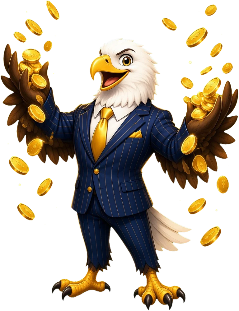 Eagle tossing gold coins into the air