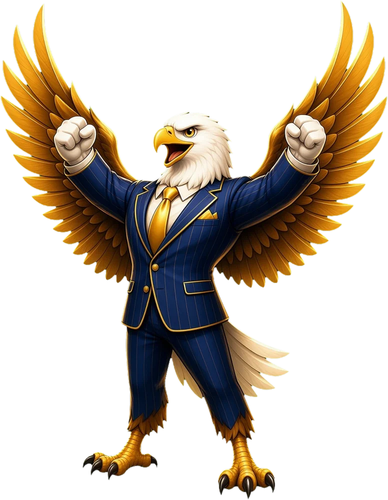 Eagle mascot in navy pinstripe suit with wings spread triumphantly